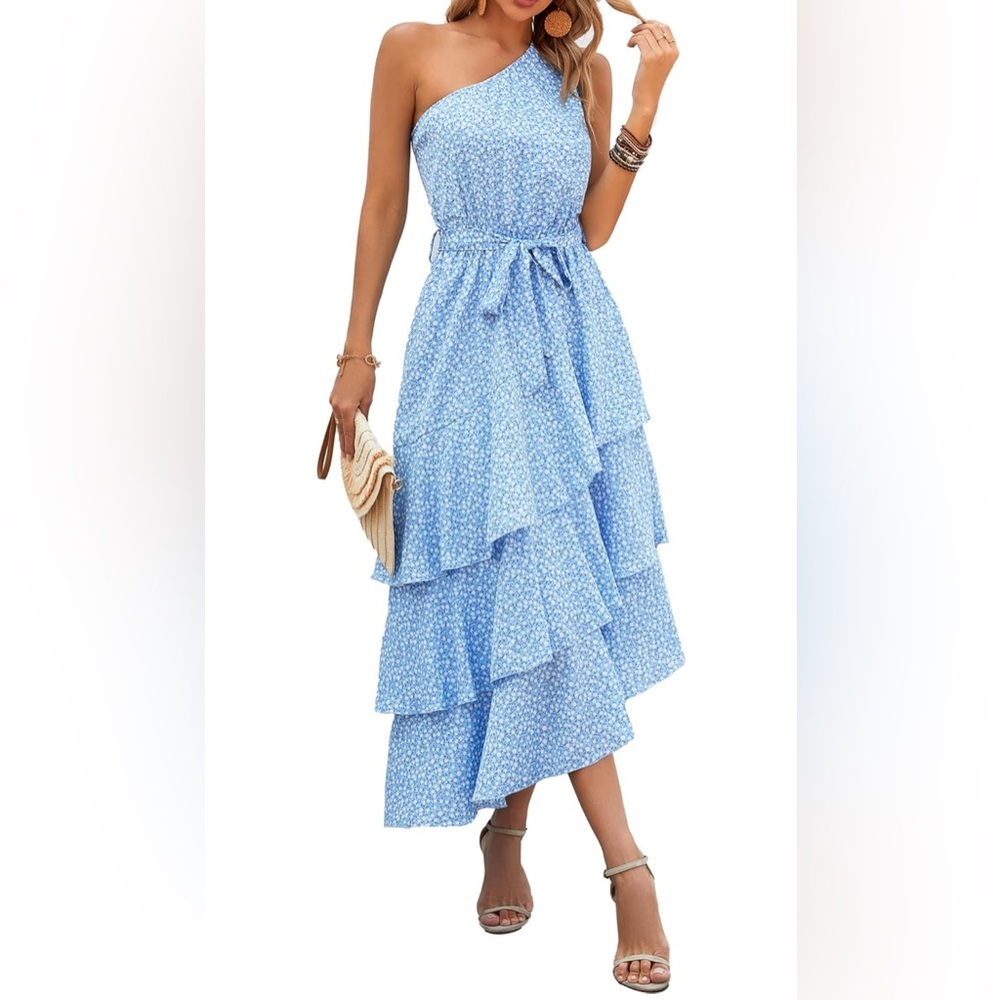 Blue Floral Tiered Flowy One Shoulder Boho Dress size Large